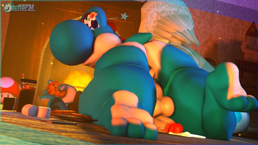 3_toes 4_fingers absurd_res anthro anus balls beverage blue_body bodily_fluids candy cookie cum cyan_yoshi cyrus_(cyrusthelewdshi) dessert egg ejaculation eyewear feet fingers fireplace food fungus genital_fluids genitals glasses hi_res humanoid_genitalia humanoid_penis looking_at_viewer male mario_bros marshmallow mushroom nintendo penis perineum pokeball pokemon smile soles solo tail tcflsfm toes vein wings yoshi