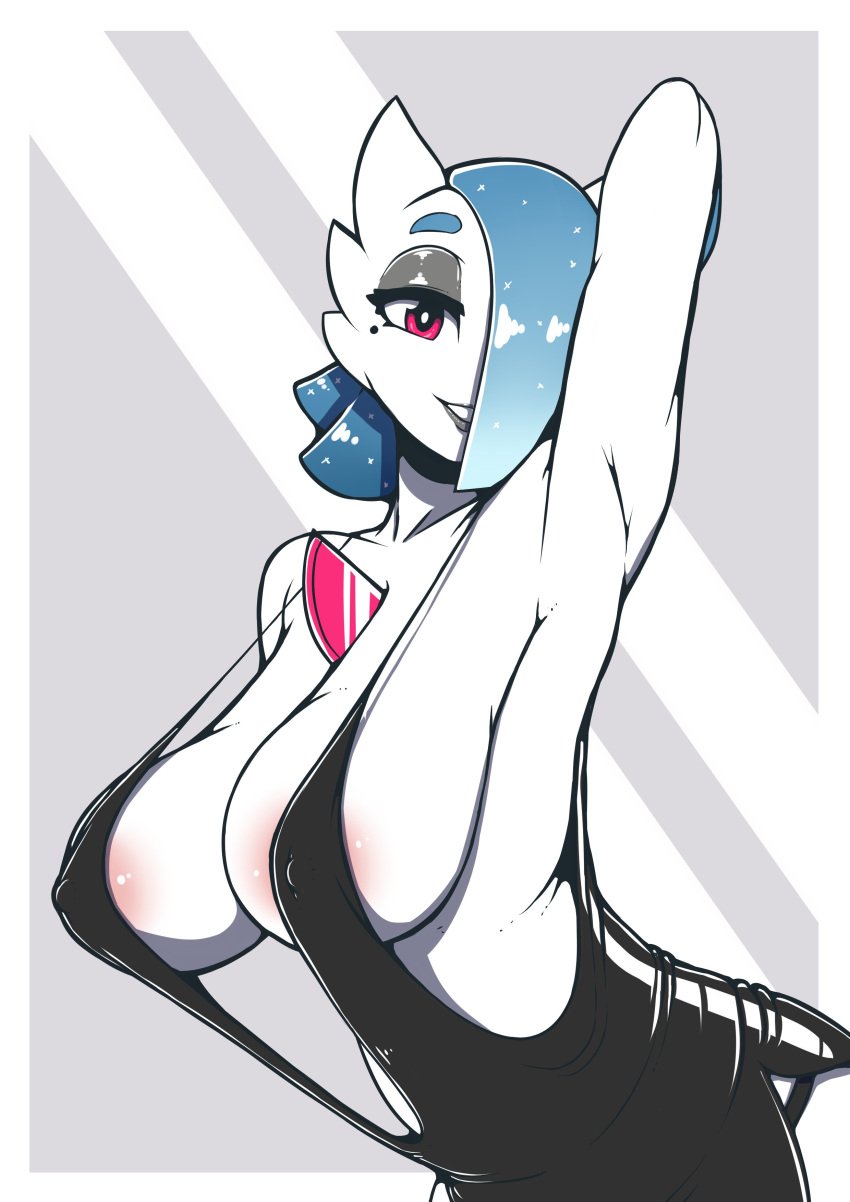 2024 arm_up armpit beauty_mark big_breasts black_dress black_eyeshadow black_lips black_lipstick blue_hair breasts cleavage dress female female_only gardevoir gray_background grey_background hair_over_one_eye nintendo nipples pink_eyes pokemon pokemon_(species) quin-nsfw short_hair white_body white_border white_skin