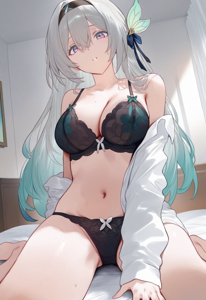 1girls ai_generated big_breasts firefly_(honkai:_star_rail) gray_hair green_eyes green_hair honkai:_star_rail huge_breasts huge_thighs long_hair navel pink_eyes ribbon swimsuit thighs