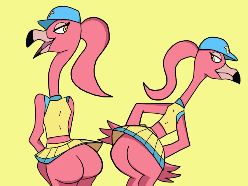 2girls anthro ass avian baseball_flamingo_(bna) baseball_hat baseball_uniform beak big_ass big_butt bird brand_new_animal bubble_ass bubble_butt clothed clothing dat_ass fanart female female_only flamingo hair hat headgear hips huge_ass huge_butt humanoid_hands long_hair multiple_girls no_panties no_underwear pink_feathers pink_hair pink_skin ponytail thick_ass thick_thighs wide_hips winged_arms wings yellow_eyes