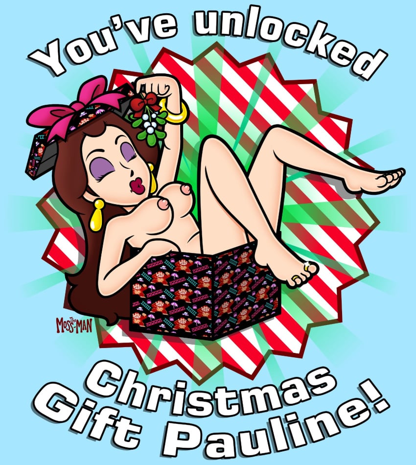 1girls blue_background boobs bow breasts brown_hair busty christmas christmas_present closed_eyes donkey_kong_(series) ear_piercing english_text eyeshadow feet female female_only human human_only jewelry light-skinned_female light_skin lipstick long_hair mario_(series) mature mature_female mistletoe naked nintendo nipples nude nude_female pauline presents purple_eyeshadow red_lipstick ring solo solo_female solo_focus the_moss-man voluptuous voluptuous_female