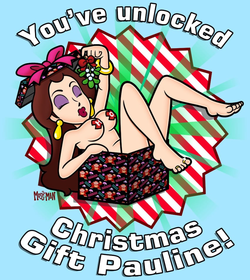 1girls blue_background bow breasts brown_hair christmas christmas_present closed_eyes donkey_kong_(series) ear_piercing english_text eyeshadow feet female female_only human human_only jewelry light-skinned_female light_skin lipstick long_hair mario_(series) mature mature_female mature_woman mistletoe nintendo nipples_covered nude nude_female pauline presents purple_eyeshadow red_lipstick rings solo solo_female solo_focus the_moss-man voluptuous voluptuous_female