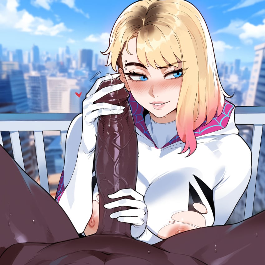 1girls ai_generated blonde_hair bodysuit creamy_ai dark-skinned_male dark_skin female female_focus gwen_stacy gwen_stacy_(spider-verse) interracial interracial_sex marvel marvel_cinematic_universe marvel_comics short_hair spider-man:_across_the_spider-verse spider-man:_into_the_spider-verse spider-man_(series) tagme thick_thighs