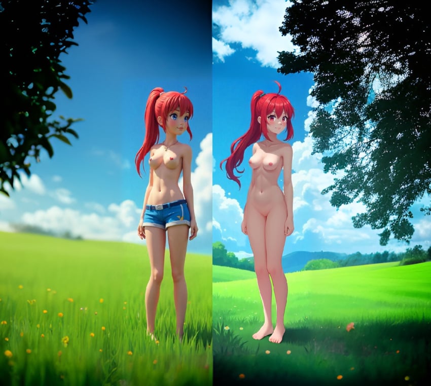 ai_generated barefoot blue_eyes denim denim_shorts kasumi_(pokemon) non-web_source red_hair shorts