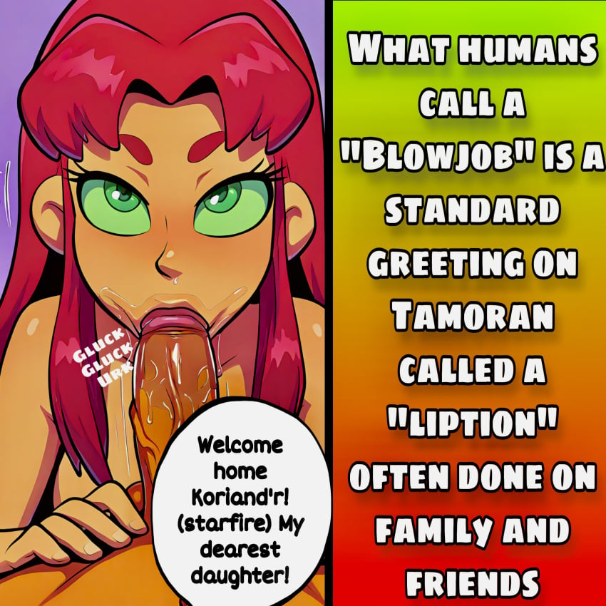 ai_assisted ai_generated alien blowjob blowjob_face caption dc dc_comics green_eyes incest incest_(lore) orange_skin sarina64 slight_blush starfire sucking taboo teen_titans text text_bubble