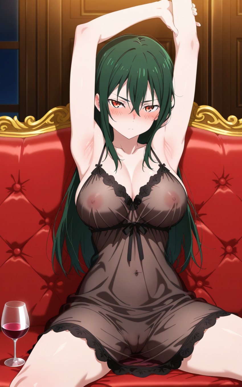 ai_generated amber_eyes armpits arms_above_head belly belly_button blush blush breasts cleft_of_venus crusch_karsten drunk green_hair innie_pussy large_breasts legs_apart mature_female navel nightgown nipples partially_clothed presenting presenting_breasts presenting_pussy pussy re:zero_kara_hajimeru_isekai_seikatsu serious serious_look sheer sitting stretching thighs wine wine_glass