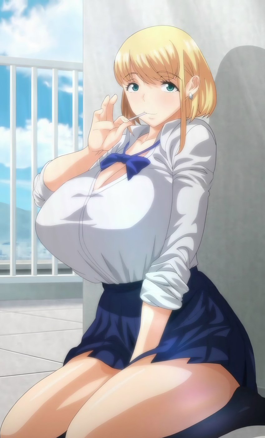 between_legs breasts completely_nude cum cumdrip hajimete_no_hitozuma hand_between_legs holding_hands huge_breasts kawai_(hajimete_no_hitozuma) kawai_satomi moaning nude ribbon school_uniform shinozuka_yuuji sitting skirt smile