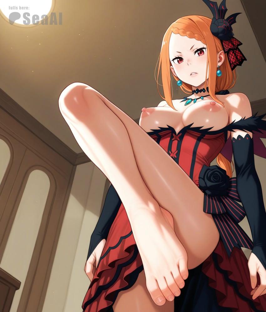 1girls ai_generated bedroom big_breasts breasts_out commission foot_fetish foot_focus foreshortening from_below hair_flower indoors jewelry large_breasts nipples patreon priscilla_barielle re:zero_kara_hajimeru_isekai_seikatsu request seacreator serious serious_look standing_on_one_leg toes