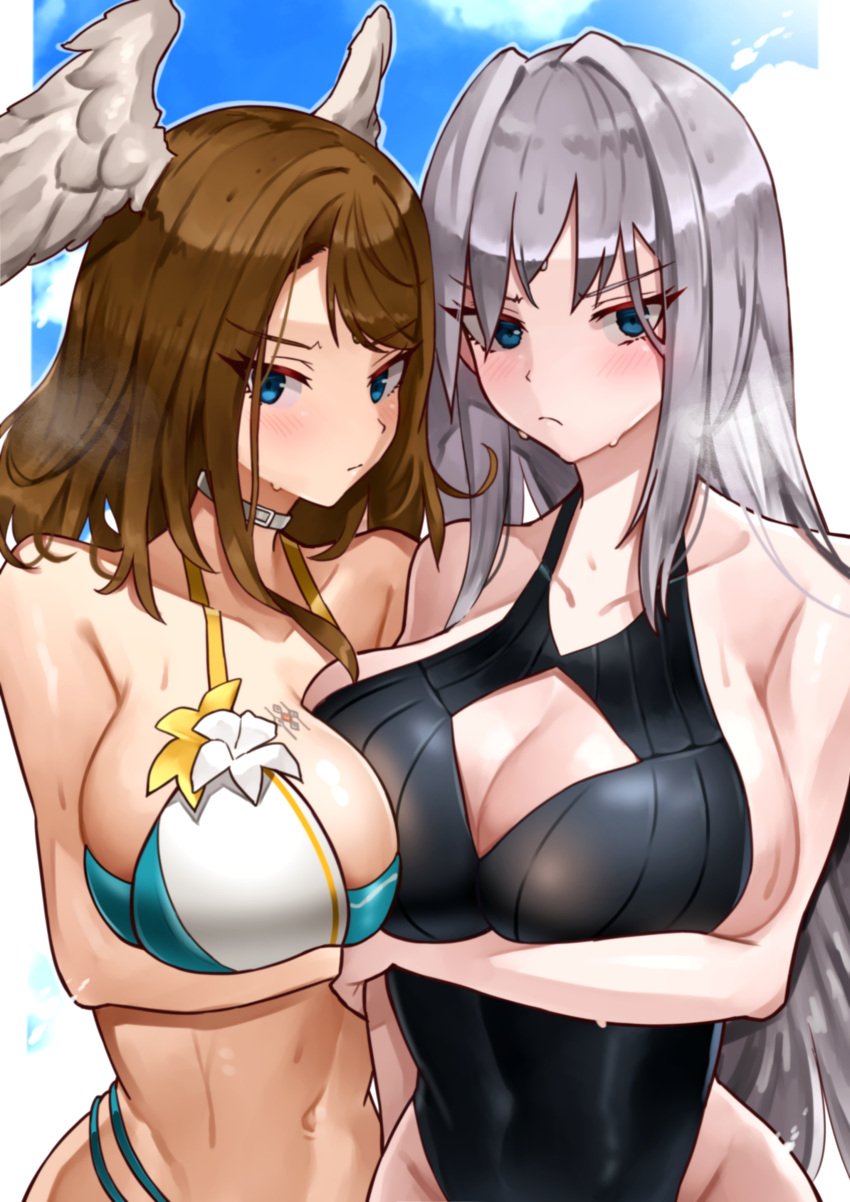 2girls black_swimsuit blue_eyes blue_swimsuit blush brown_hair ethel_(xenoblade) eunie_(xenoblade) grey_hair high_entia hourglass_figure large_breasts looking_at_viewer multicolored_clothing oniisan02b swimsuit symmetrical_docking white_choker white_swimsuit wings_on_head xenoblade_(series) xenoblade_chronicles_(series) xenoblade_chronicles_3 yotsuhauni