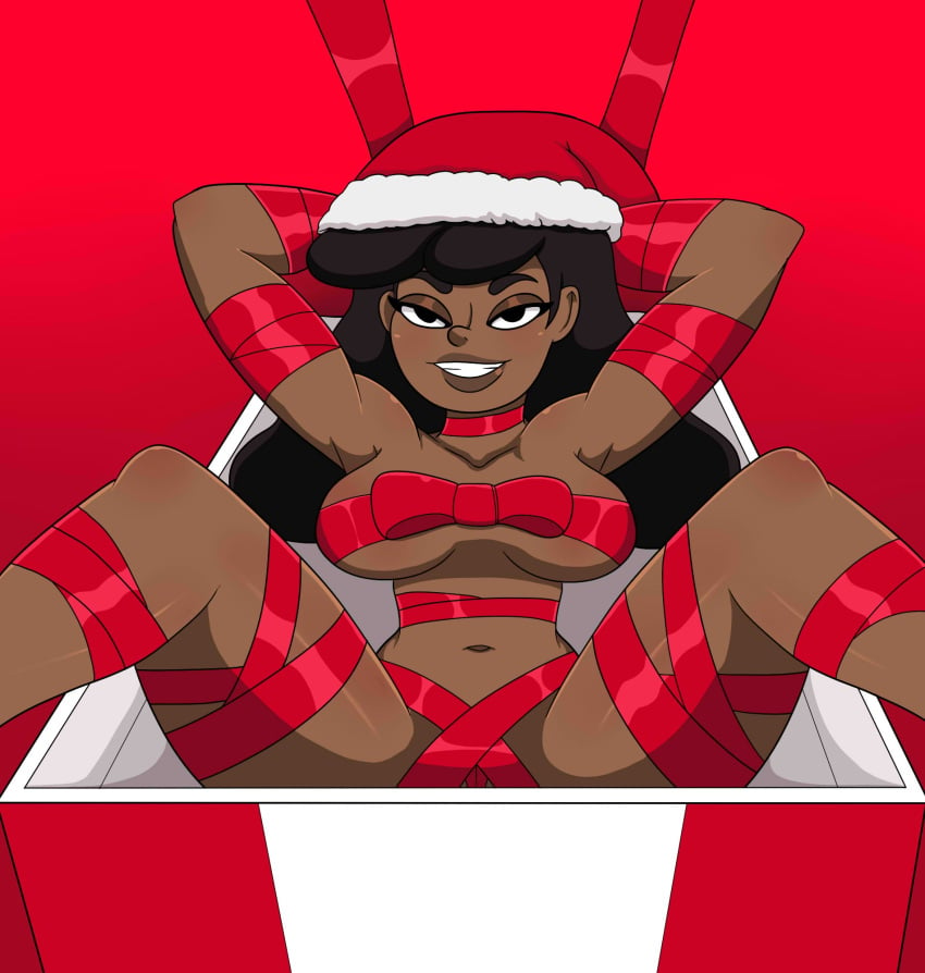 1girls african_american beckett_mariner bondage box brown_hair christmas christmas_outfit christmas_present dark_skinned_female dopeisnukat female female female_focus female_only legs_apart santa_hat star_trek star_trek_lower_decks wrapped wrapped_up