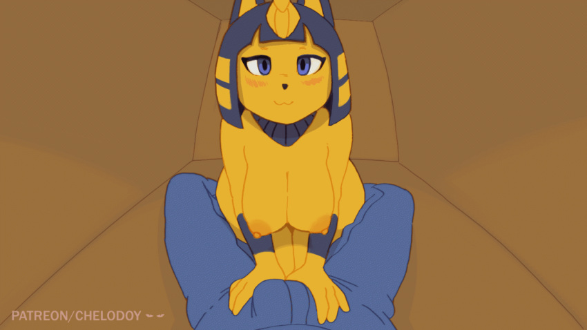 1boy 1girls 2020 ambiguous_background animal_crossing animal_ears animated ankha anthro arched_back areola_slip areolae ass back bandages bangs bipedal blue_eyes blue_hair blunt_bangs blush bob_cut bottomless breasts cat_tail chelodoy closed_mouth clothed_female_nude_male egyptian erection eyebrows_visible_through_hair eyelashes eyeliner eyeshadow feline female from_behind full_body fur furry hair half-closed_eyes headdress headpiece high_resolution huge_ass jewelry jiggle kneepits large_ass large_breasts leaning_forward looking_back makeup male_pov mammal nintendo nipples nude patreon pov ringed_tail short_hair sideboob smile solo_focus standing tail text thick_thighs thighs toes url vagina villager villager_(animal_crossing) watermark wide_hips yellow_fur yellow_skin