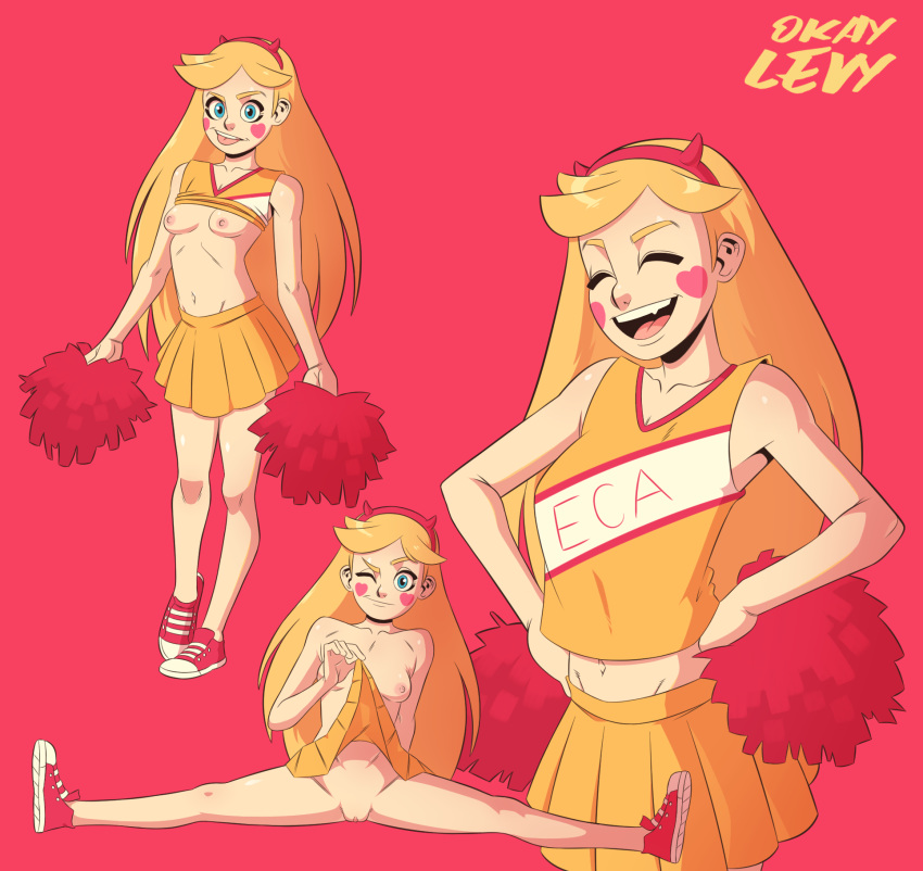 1girls blonde_hair blue_eyes bottomless cheerleader disney female female_focus female_only nipples no_bra no_panties okaylevy partially_clothed petite playful shirt_lift skinny skirt_lift small_breasts smile smiling splits star_butterfly star_vs_the_forces_of_evil tongue_out wink