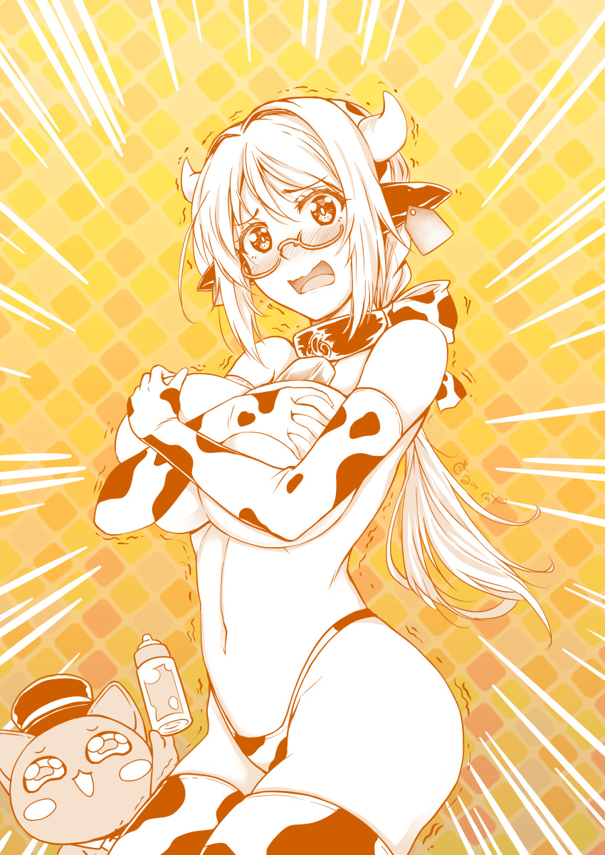 10s 1girls 2019 absurd_res animal_ears artist_name baby_bottle bell bell_collar blush breast_grab breasts cat_ears cigar_cat cigar_cat_(character) collar covering covering_breasts cow_ears cow_girl cow_horns cow_print cowbell cute elbow_gloves embarrassed eyebrows_visible_through_hair fake_animal_ears feline female glasses gloves hat highres holding_bottle holding_object horns huge_breasts long_hair long_ponytail looking_at_viewer low_ponytail navel neckerchief no_bra open_mouth original panties ponytail ribbon signature smile speed_lines thick_thighs thighhighs thighs thong tied_hair tongue top_hat trembling underwear wide_hips yellow_background