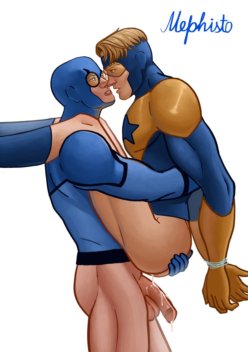 anal anal_sex ass bara blonde_hair blue_beetle booster_gold costume cum cum_inside dc dc_comics dick gay jla justice_league male mephisto mephisto(artist) muscle spandex superhero tights