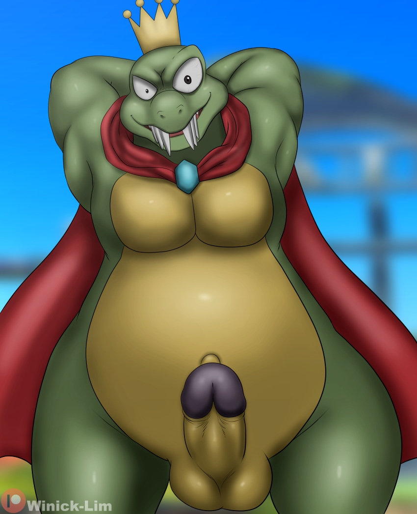 absurd_res alligator alligatorid anthro balls belly cape clothed clothing colored crocodile crocodilian crocodylid crown donkey_kong_(series) erection evil_grin eye_twitch genitals green_body green_skin grin hi_res humanoid humanoid_genitalia humanoid_penis k_rool king kremling looking_at_viewer male male_only multicolored_body navel nintendo nude overweight penis pinup pose presenting presenting_penis reptile royal_rod royalty scalie simple_background smile solo teeth video_games winick-lim yellow_belly yellow_body yellow_skin