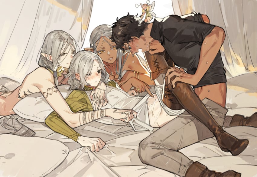 1girls 3boys anal anal_sex arched_back athletic_female black_hair blush boots brown_hair brown_skin canaries chocolate_and_vanilla cithis clothing dark-skinned_female dark-skinned_male dark_skin delicious_in_dungeon dungeon_meshi effeminate elf female_supporting_yaoi femboy feminine_male gay girly grabbing_sheets gray_hair grey_hair highres human human_penetrating interspecies kabru long_sleeves lycion lying_on_back mithrun open_mouth pretty_boy sexual_coaching silver_hair starshadowmagic_(artist) sweat thigh_boots twink white_hair yaoi yaoi_with_female_audience