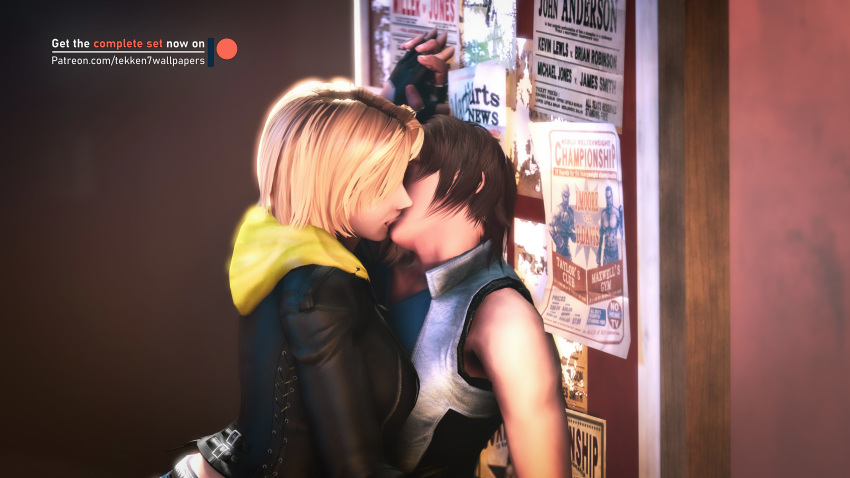 2girls 3d absurdres blonde_hair breasts brown_hair crossover dead_or_alive dead_or_alive_5 helpless highres kazama_asuka kissing pinned tekken tekken7wallpapers tekken_7 tina_armstrong