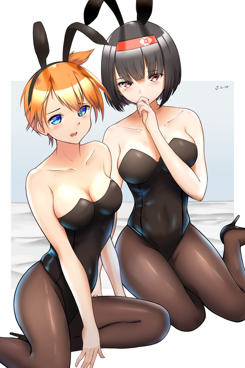 2girls alternate_breast_size alternate_outfit ass big_breasts black_hair blue_eyes blush bodysuit breasts brown_eyes bunny_costume bunny_ears bunnygirl bunnysuit cleavage clothed clothes erika_(pokemon) eye_contact feet female female_only guxu hairband half-closed_eyes high_heels human kasumi_(pokemon) looking_at_viewer nintendo orange_hair pantyhose pokemon pokemon_rgby pose red_eyes shoes short_hair side_ponytail sitting text watermark white_background wide_hips