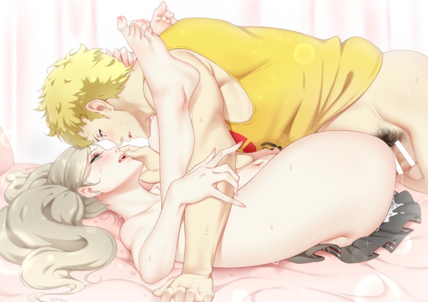 1boy 1girls ann_takamaki barefoot blonde_hair blue_eyes blush cum cum_drip cum_inside feet female finger_in_mouth gray_hair kinhasu legs_up male_on_female male_on_top mating_press muscular_male neck_grab persona persona_5 pubic_hair ryuji_sakamoto sex skirt_only straight toes wholesome