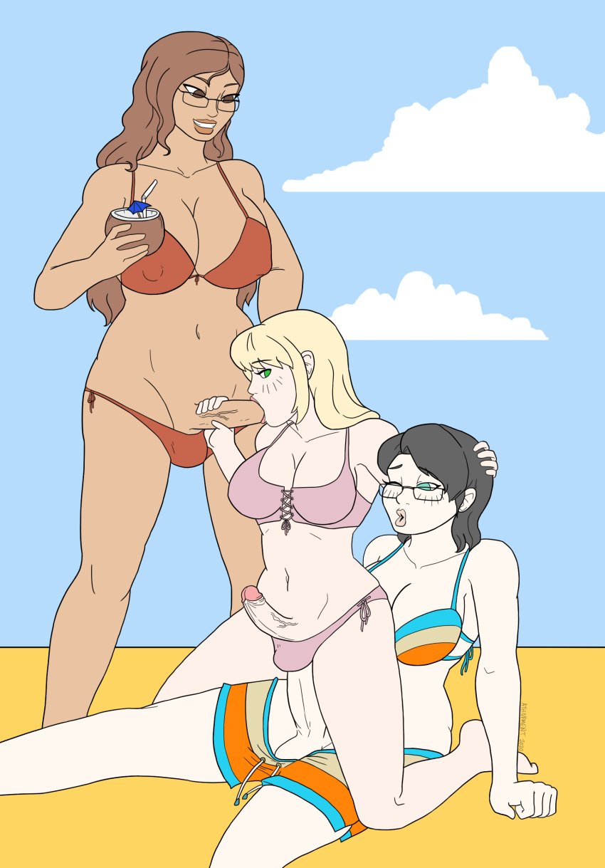 3futas athorment athorment_oc balisk_oc balls bikini black_hair blonde_hair blush brown_eyes brown_hair cleavage cowgirl_position dani_(balisk) dani_(balisk)_(futa) erection evelyn_(athorment) evelyn_(athorment)_(futa) evelyn_mirage_(athorment) fellatio futa_on_futa futanari glasses green_eyes large_breasts large_penis latina linda_(linda97) long_hair looking_at_viewer looking_back nipple_bulge pleasure_face public_sex short_hair swimsuit threesome ttt_threesome wide_hips