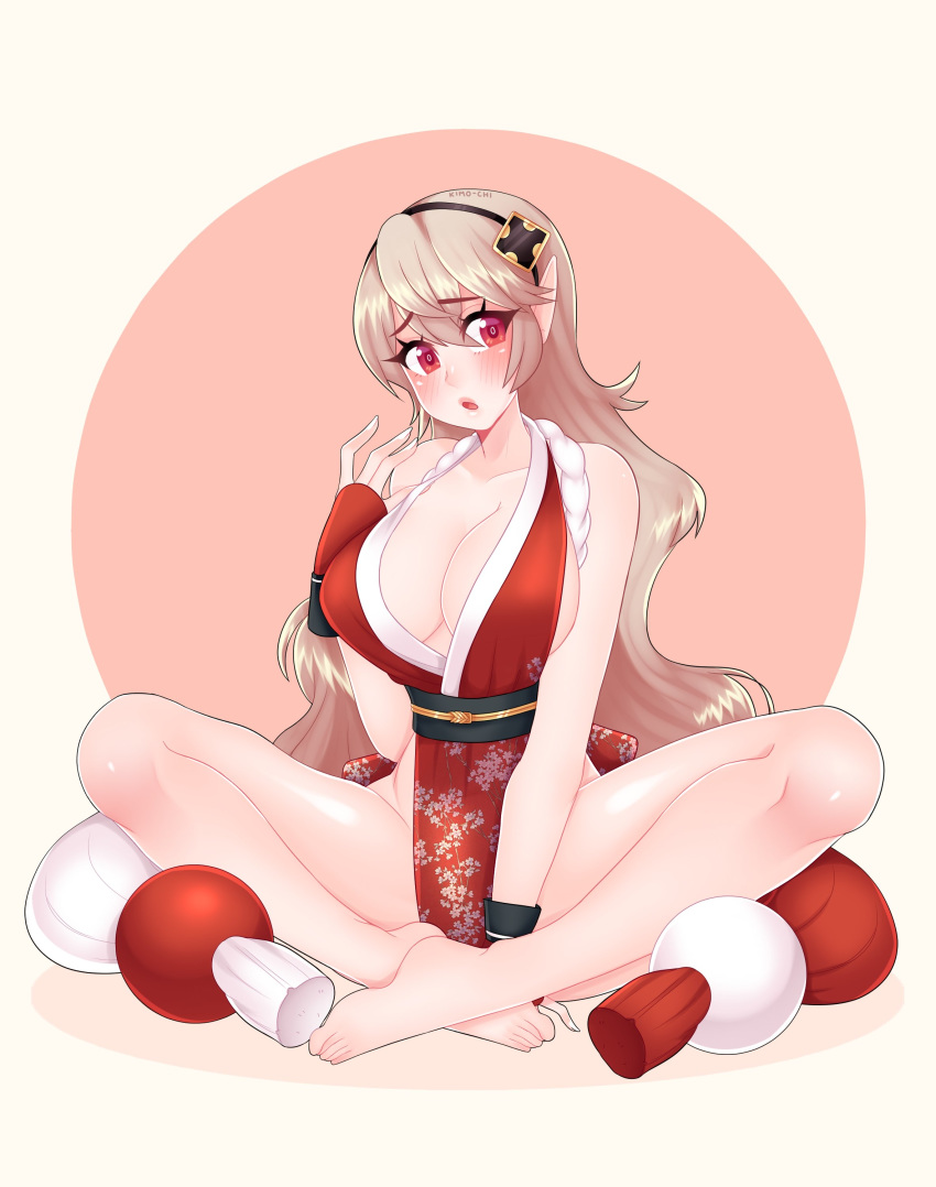 artist_name barefoot breasts cleavage corrin_(fire_emblem) corrin_(fire_emblem)_(female) cosplay crossover embarrassed feet female fire_emblem fire_emblem_fates hairband high_resolution kimo-chi king_of_fighters large_breasts long_hair looking_at_viewer mai_shiranui_(cosplay) nintendo no_bra no_panties no_underwear revealing_clothes snk solo very_high_resolution