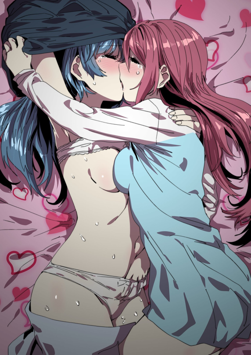 2girls blue_hair breasts brown_hair ecoman hand_in_panties highres kissing love_live! love_live!_sunshine!! multiple_girls panties sakurauchi_riko tsushima_yoshiko underwear yuri