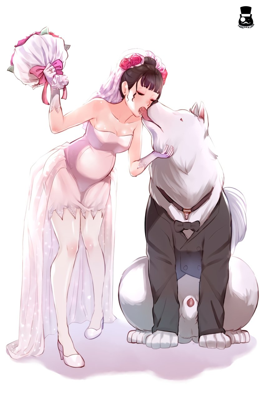 1animal 1boy 1girls 5_fingers bestiality_marriage bride canid canid_on_humanoid canine canine_on_human canine_penis dog domestic_dog female female_human female_kissing_feral feral french_kiss groom half-erect hetero human husband husband_and_wife implied_bestiality kissing male male/female male_canine marriage married_to_feral mr.takealook penis penis_tip pregnant pregnant_bride sheath sheathed straight wedding wedding_ceremony wedding_dress wedding_ring white_fur wife zoophilia