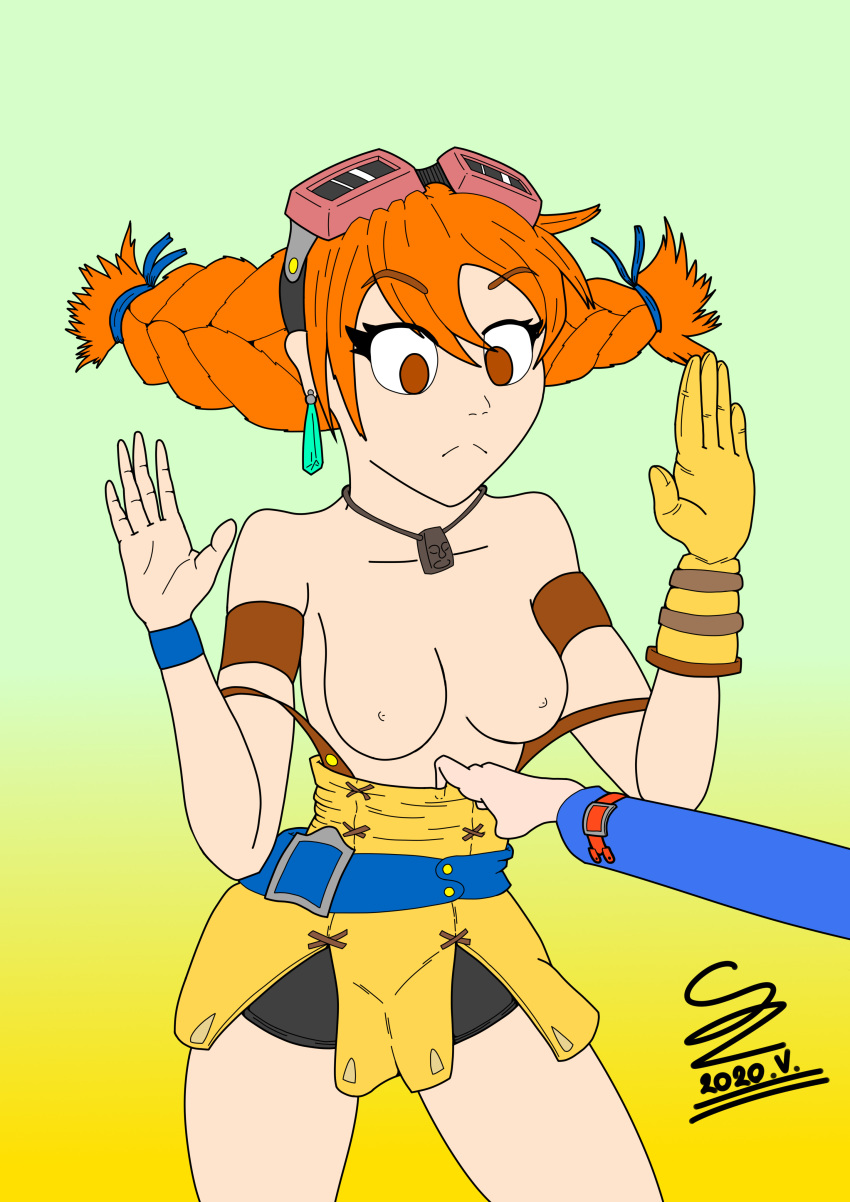 aika_(skies_of_arcadia) arm breasts dress female orange_eyes orange_hair pirate pulling_down sega sega_dreamcast showing_off skies_of_arcadia sneaky surprised twintails undressing video_games yellow_dress