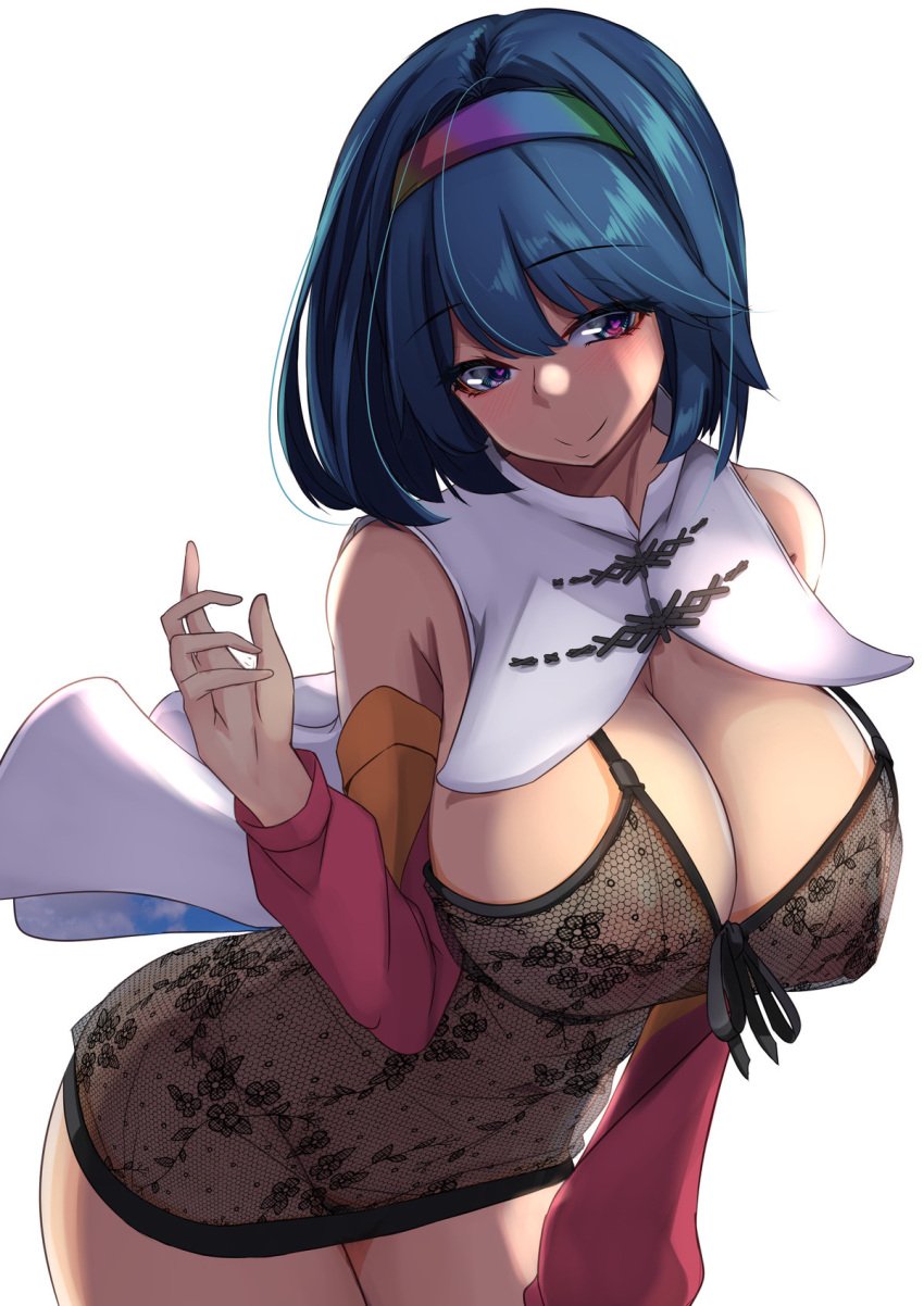 1girls blank_background blue_hair breasts cape chimata_tenkyuu cleavage detached_sleeves female female_focus female_only heart heart-shaped_pupils highres humanoid large_breasts lingerie multicolored_hairband nipples no_humans rainbow_order see-through see-through_clothing short_hair symbol-shaped_pupils team_shanghai_alice thick_thighs thighs touhou underwear white_background youkai yukito_(dreamrider)