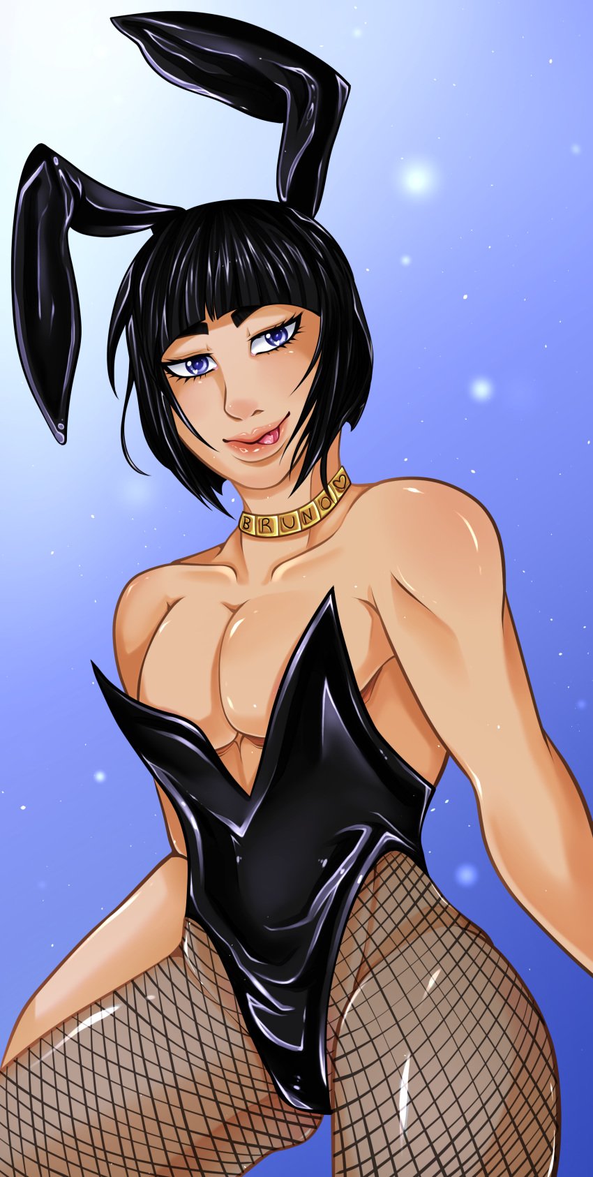 black_hair blue_eyes bruno_buccellati bunnysuit cuntboy dejabru fishnets intersex jojo's_bizarre_adventure latex male male_only vantajaq vento_aureo