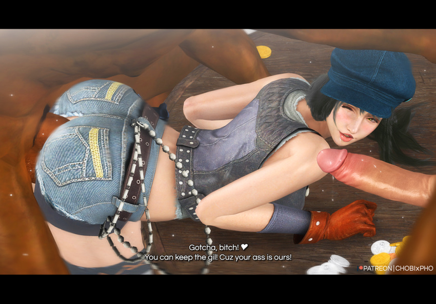 1girls 2boys 3d 3d_(artwork) anal belt blue_hat blush blushing cfnm chobixpho dark-skinned_male dark_skin dialogue english english_text femsub final_fantasy final_fantasy_vii final_fantasy_vii_remake interracial jean_jacket kyrie_canaan maledom ripped_clothing ripped_jeans ripped_pants spitroast square_enix