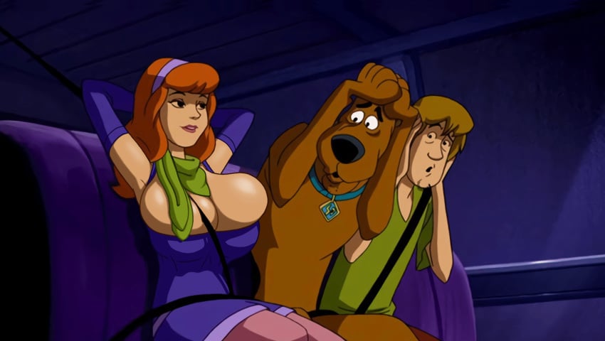 accurate_art_style alternate_breast_size animated arm_behind_head armpit armpits arms_up barely_contained big_breasts bouncing bouncing_breasts car cleavage confident daphne_blake edit elbow_gloves female feral gif gloves hands_behind_head hanna-barbera headband huge_breasts human male mystery_machine red_hair scarf scooby-doo scooby-doo_(character) screenshot screenshot_edit seatbelt shaggy_rogers van vehicle yetig