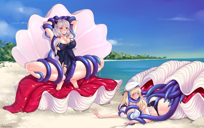 2girls aged_up angry arms_behind_head ass beach blonde_hair blush breast_squeeze clam clenched_teeth cucouroux_(granblue_fantasy) granblue_fantasy hat kukuru_(granblue_fantasy) kumuyu large_breasts large_tongue legs monster multiple_girls rape restrained ribbon ripped_clothing sand silver_hair spread_legs squatting swimsuit tentacle tentacles_under_clothes tesomu transparent_clothing twintails vore water