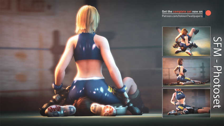 2girls 3d absurdres asphyxiation ass blonde_hair breasts brown_hair crossover dead_or_alive dead_or_alive_5 facesitting femdom helpless highres kazama_asuka smile tekken tekken7wallpapers tekken_7 tina_armstrong wrestling wrestling_ring