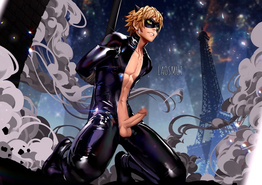 1boy adrien_agreste blonde_hair bodysuit boots cat_ears cat_noir clothed dick ear eiffel_tower erection green_eyes laosmut laovaan male male_only mask miraculous_ladybug muscles open_bodysuit penis penis_out pole solo solo_male tied_up zipper