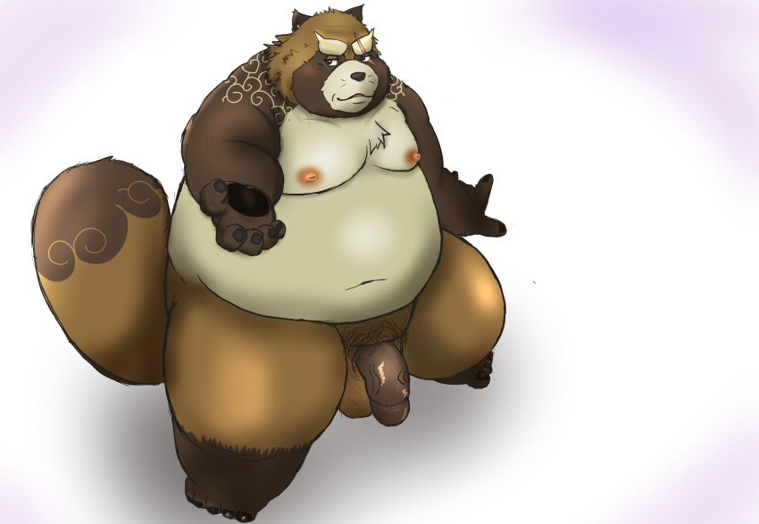 2020 absurd_res anthro balls belly brown_body brown_fur canid canine fur genitals gyobu hi_res humanoid_genitalia humanoid_hands humanoid_penis kemono male male_only mametanu_tanuki mammal moobs nipples overweight overweight_male penis raccoon_dog scar simple_background solo solo_male tanuki tokyo_afterschool_summoners video_games weapon