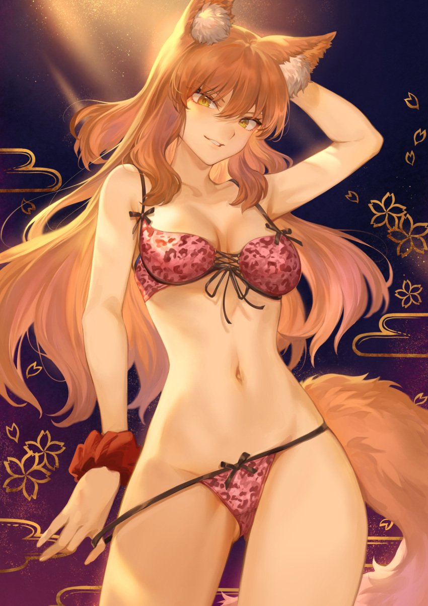 1girls animal_ears bow bow_panties bra fate_(series) female female_only leopard_print leopard_print_bra leopard_print_panties lingerie long_hair looking_at_viewer mashu_003 panties solo suzuka_gozen_(fate) underwear