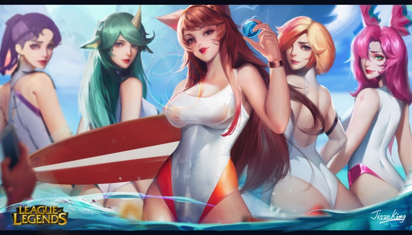 5girls ahri animal_ears ass beach big_ass big_breasts bikini breasts brown_eyes brown_hair green_eyes green_hair horn jinzeking123 league_of_legends looking_at_viewer miss_fortune multiple_girls orange_hair pink_eyes purple_eyes purple_hair pussy riot_games soraka star_guardian_ahri star_guardian_miss_fortune star_guardian_series star_guardian_soraka star_guardian_syndra star_guardian_xayah surfboard syndra xayah