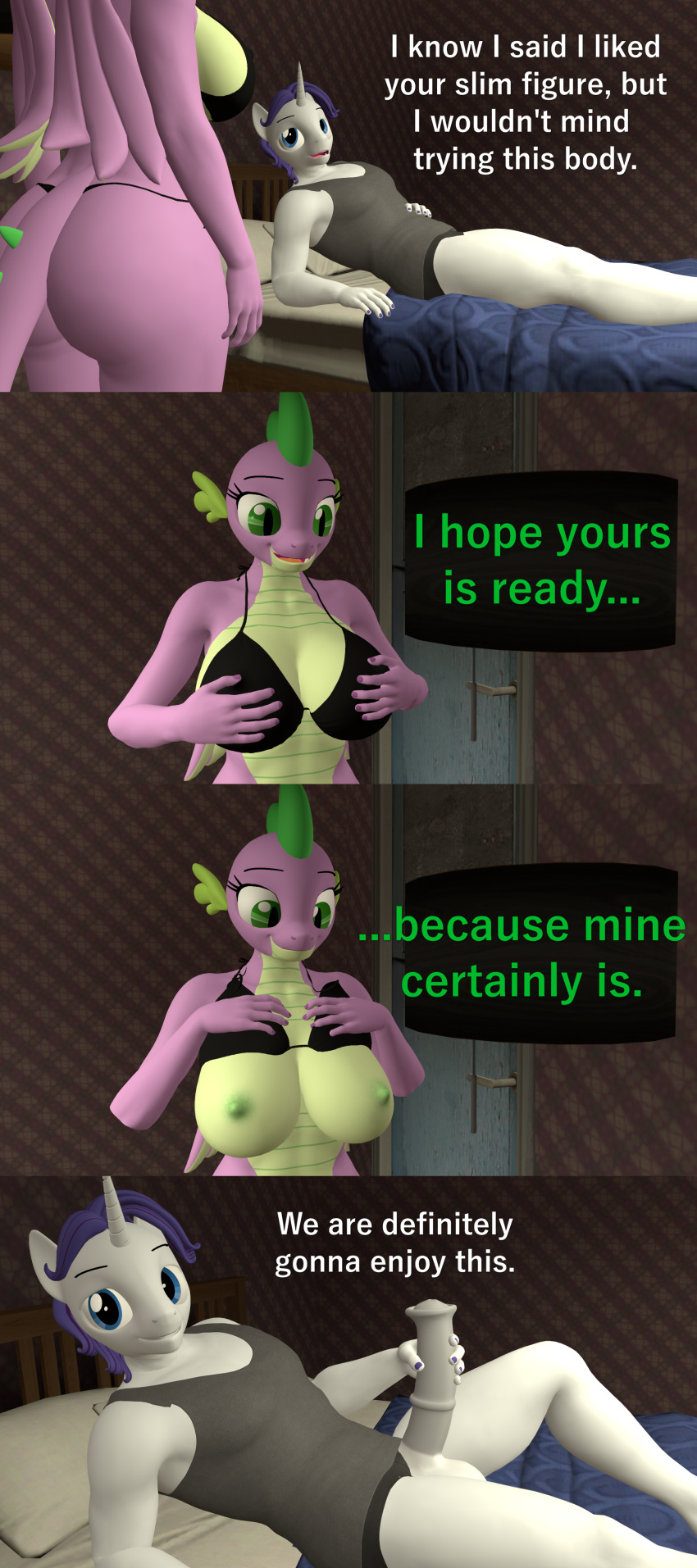 3d absurd_res animal_genitalia animal_penis anthro anthrofied ass bed big_breasts big_butt bottomless bra breasts clothed clothing comic dialogue duo elusive_(mlp) equid equine equine_penis female friendship_is_magic furniture genitals hasbro hi_res horn male mammal my_little_pony nipples panties papadragon69 penis rarity_(mlp) rule_63 smooth_skin spike_(mlp) thong underwear undressing unicorn