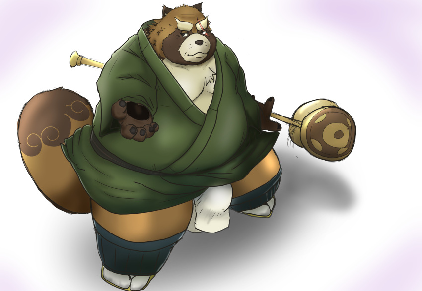 2020 absurd_res anthro asian_clothing balls belly brown_body brown_fur bulge canid canine clothing east_asian_clothing fundoshi fur genitals gyobu hi_res humanoid_hands japanese_clothing kemono male male_only mametanu_tanuki mammal overweight overweight_male raccoon_dog robe scar simple_background solo tanuki tokyo_afterschool_summoners underwear video_games weapon