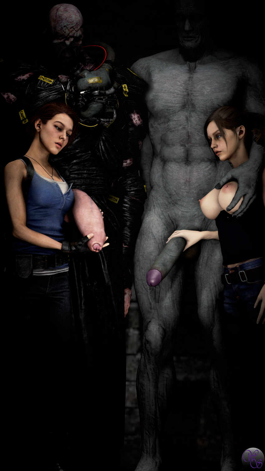 2girls 2monsters 3d breast_grab capcom claire_redfield claire_redfield_(jordan_mcewen) clothed_female_nude_male comparing_penis female foreskin huge_cock jill_valentine jill_valentine_(sasha_zotova) male monster mr_x multiple_boys nemesis_(resident_evil) resident_evil resident_evil_2 resident_evil_2_remake resident_evil_3 resident_evil_3_remake tyrant uncut weebstank