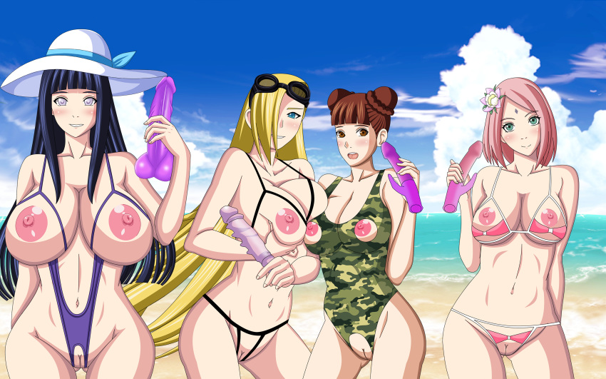 4girls alternate_breast_size artemisumi beach big_breasts blonde_hair blue_eyes blush boruto:_naruto_next_generations breast_grab breast_squeeze breasts brown_eyes brown_hair cutout dildo double_bun exposed_breasts exposed_pussy facial_mark female female_only flower forehead_mark goggles goggles_on_head grabbing_own_breast green_eyes hair_ornament hair_over_one_eye holding_object huge_breasts hyuuga_hinata ino_yamanaka looking_at_viewer micro_bikini multiple_girls naruto naruto:_the_last naruto_(series) nipples ocean pink_hair purple_hair sakura_haruno sand sex_toy smile swimsuit tenten vagina very_long_hair violet_eyes water wide_hips