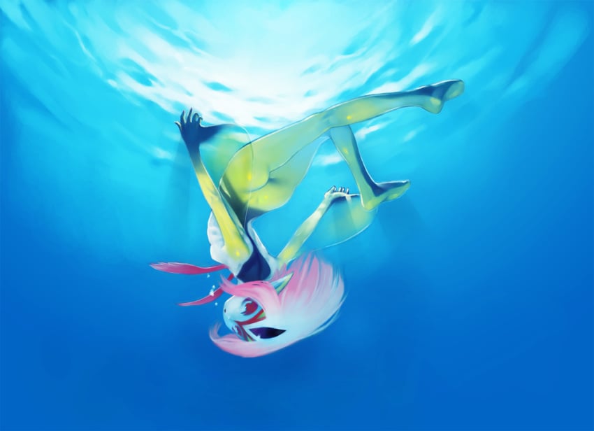 09factory 1girls ass blue_submarine_no._6 breasts female grey_hair highres humanoid kemono long_hair marine monster monster_girl mutio oohara_kyuutarou pink_hair pointy_ears red_eyes solo somersault sunlight therianthrope underwater upside-down wallpaper water yellow_skin