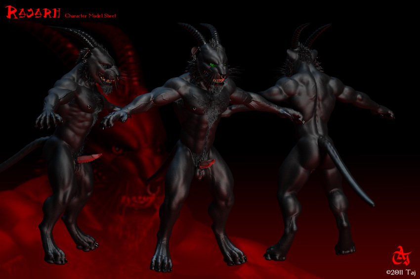 1boy 3d balls barbs claws demon feline green_eyes horn male male_only nude penis piercing solo taj