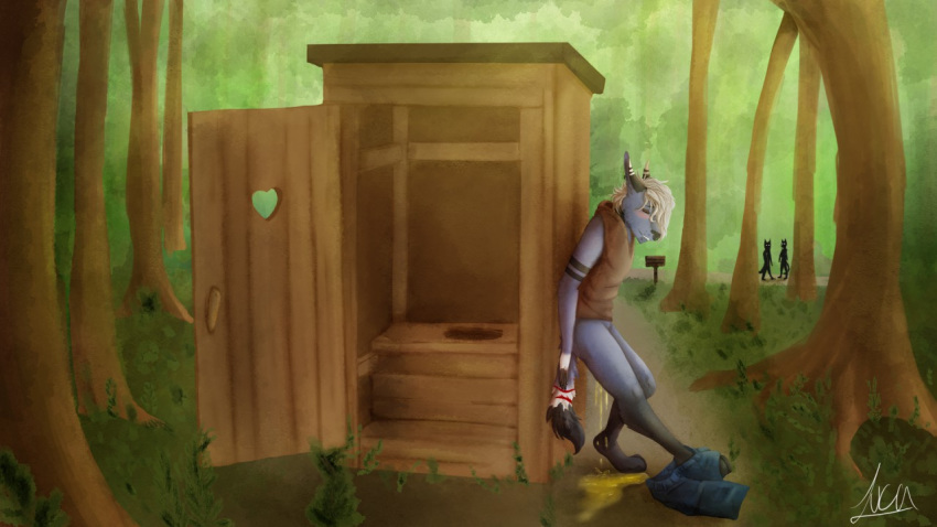 16:9 ambiguous_gender anthro being_watched bodily_fluids canid canine canis caught clothed clothing forest genital_fluids looking_at_another mammal outhouse pants_down partially_clothed peeing shadowxtra solo standing striped_fur tree urine watersports widescreen wolf