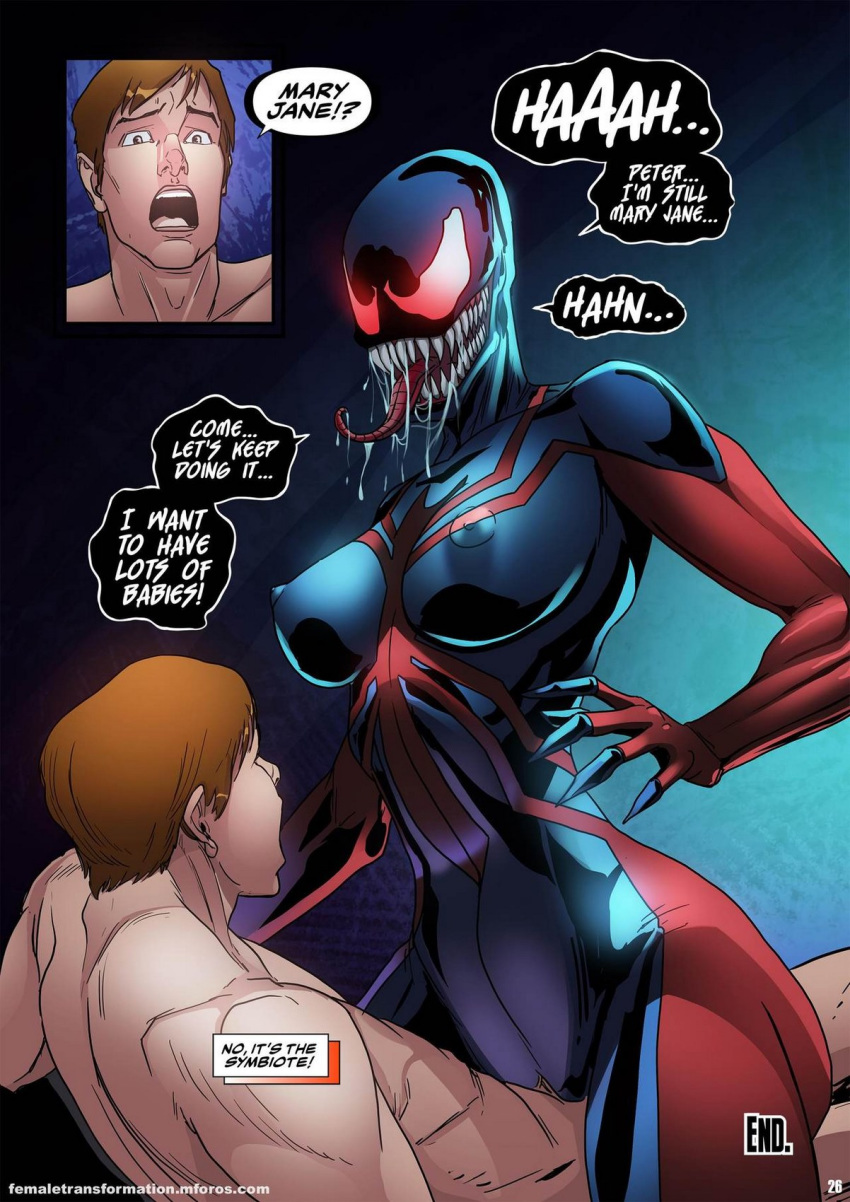 1boy 1boy1girl 1girls 6evilsonic6 alien areolae big_teeth bust busty canon_couple carnage_(marvel) carnage_queen comic costume couple couple_(romantic) cowgirl_position curvy dialogue end_page english_text female female_on_top femdom hips horny hourglass_figure human human_on_humanoid humanoid impregnation_request interspecies interspecies_impregnation light-skinned_male light_skin locofuria long_teeth long_tongue male marvel marvel_comics mary_jane_watson nipples page_26 page_number penis peter_parker possession pussy red_eyes ripped_clothing scared she-carnage speech_bubble spider-man spider-man_(series) straight straight_hair superhero supervillain surprised symbiote teeth thighs tongue tongue_out vagina vaginal_penetration wide_hips woman_on_top