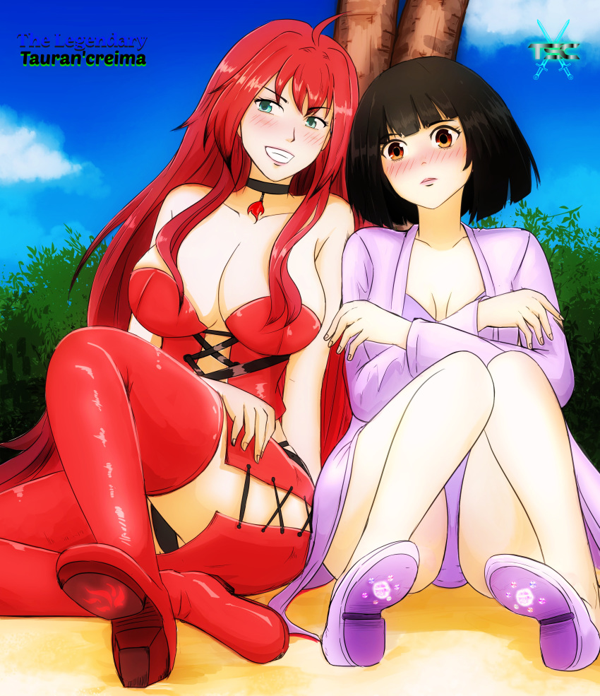 2girls bangs beach black_hair blush breasts choker covering_breasts eyebrows_visible_through_hair female female_only fesforia_meilorei green_eyes grin highres lipstick logo long_hair looking_at_viewer nervous original original_characters red_eyes red_hair sacredcourage sand serenity_addlebeen shoes short_hair sitting smile teeth the_legendary_tauran'creima the_legendary_tauran'creima:_star_beings_of_the_universe