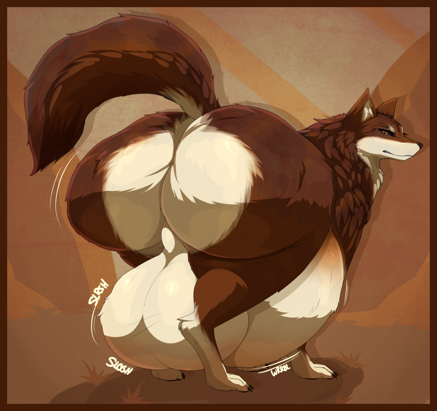 2019 absurd_res asaneman ass aster_(asaneman) balls belly big_balls big_belly big_butt border brown_body brown_eyes brown_fur canid canine canis feral feral_pred fur genitals hi_res huge_balls huge_butt hyper hyper_balls hyper_belly hyper_genitalia looking_at_viewer looking_back male male_pred mammal motion_lines orange_border rumbling_stomach simple_background solo sound_effects thick_thighs vore wide_hips wolf