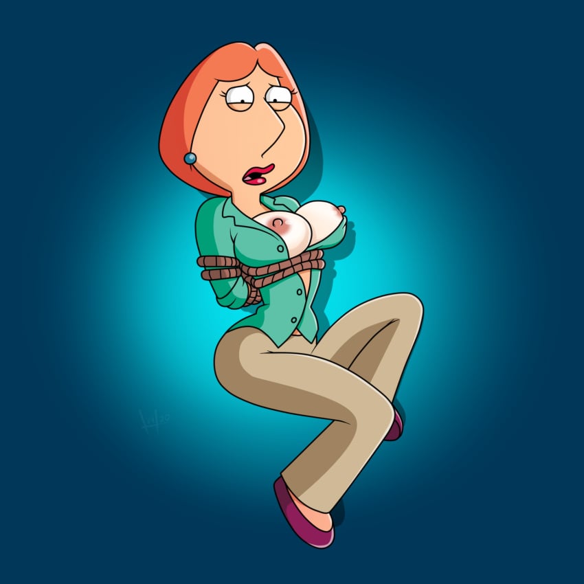 accurate_art_style badbrains breasts bulging_breasts clothing ear_piercing family_guy female helpless huge_breasts large_breasts lois_griffin nipples open_mouth orange_hair red_lipstick rope rope_bondage shirt shirt_open shoes short_hair solo tagme tied_up