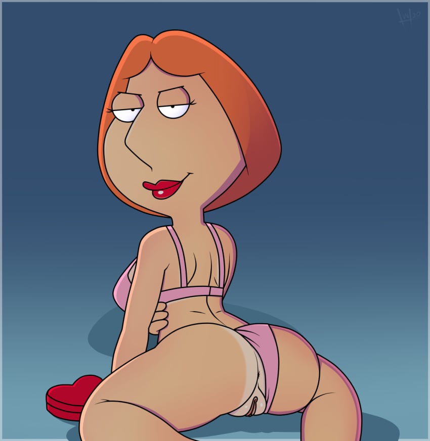 anus back_view badbrains bedroom_eyes bra erect_clitoris exposed_pussy family_guy female hand_on_side heart-shaped_box lois_griffin looking_back orange_hair panties panties_aside pink_bra pink_panties pussy red_lipstick short_hair smiling solo tagme tanline